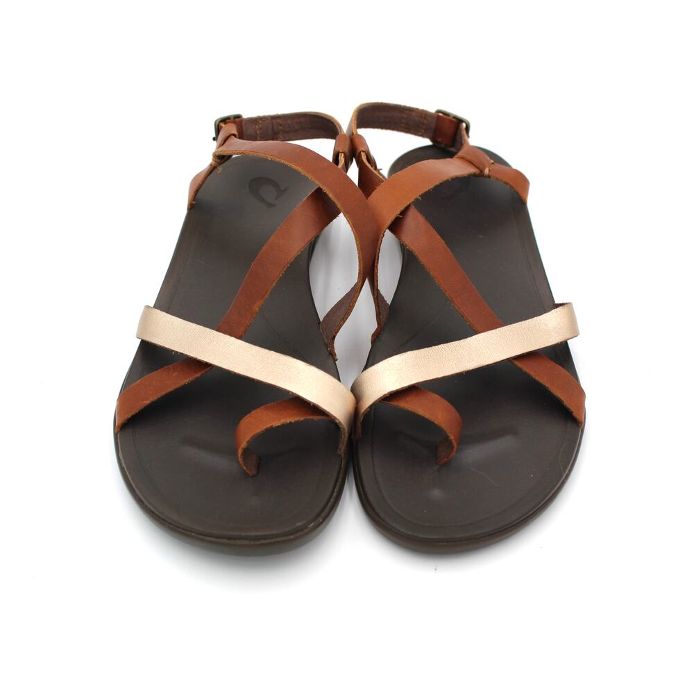 OluKai Upena Sandals Womens 10 Brown Gold Leather Strappy Comfort Beach Resort - Picture 3 of 7